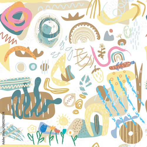 Hand drawn abstract figure, plants, flowers, seamless pattern. Vector illustration