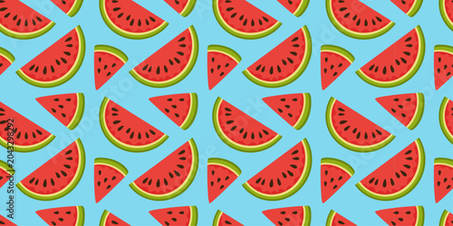 Fotografi Watermelon slice seamless pattern on blue background