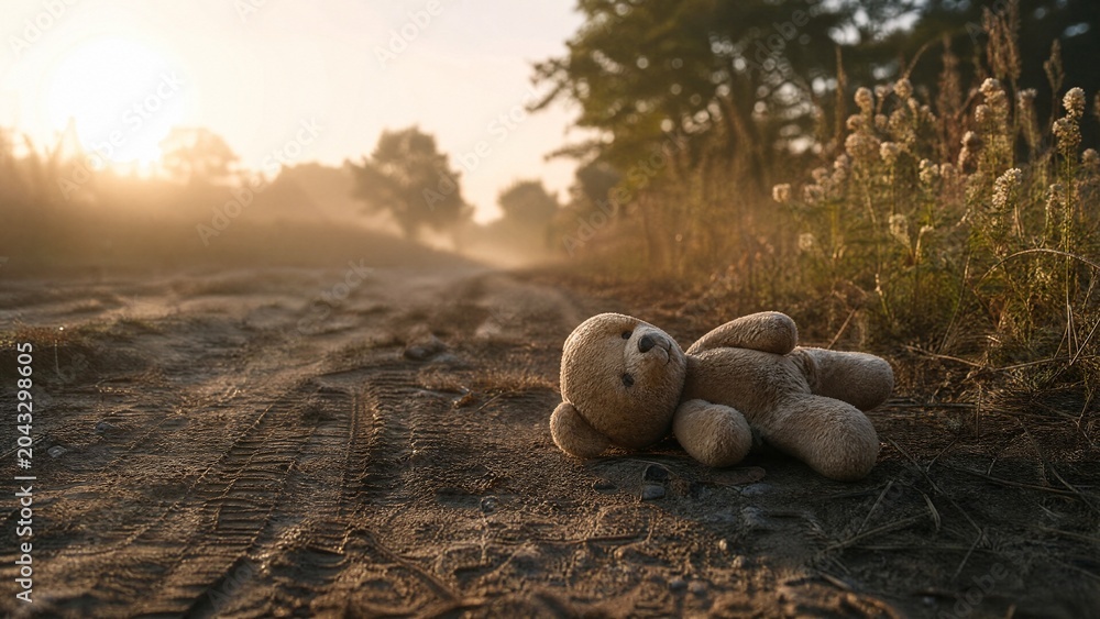 Obraz premium traces. Lone teddy bear on a dirt path with marks, in soft morning light. wellbeing guides, coaching materials, designed for mental health education and mindfulness programs.