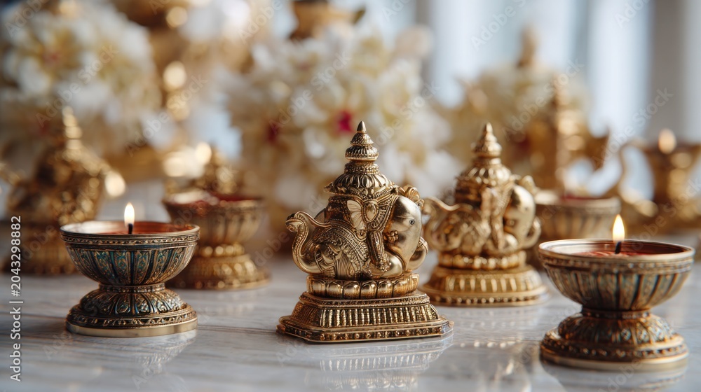 Obraz premium Golden elephant statuettes and decorative candles creating an elegant ambiance