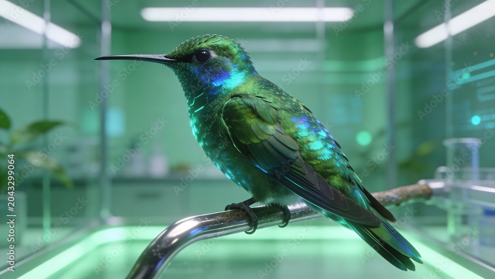 Obraz premium Generative AI depicts a vibrant hummingbird in a futuristic laboratory setting