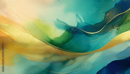 Spring Atmosphere Minimalist Abstract Poster Blue Gold Green Matte Texture Soft Gradient And Hazy Glitter Warm Tone Motion Blur