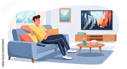 Man relaxing on sofa watching TV with popcorn and drink at home