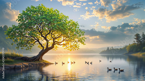 A serene tree with heart-shaped springs by a quiet lake at sunset, where ducks are swimming  