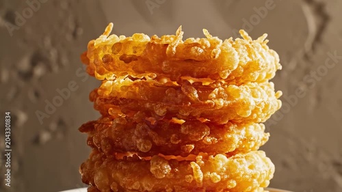 Stacked crispy onion rings on a white plate against textured neutral wall, golden crunchy batter and simple shadow, minimalist appetizer scene for modern food photography concept with copy space