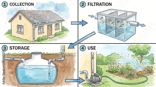 Comprehensive illustration detailing the process of rainwater harvesting and its utilization for domestic purposes, including collection, filtration, storage, and garden irrigation