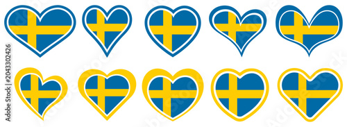 Collections Sweden flag heart shaped icon set. Sweden flag love symbol. Romantic Sweden flag badge emblem design vector illustration