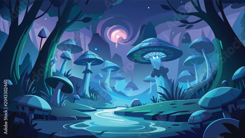 Quadro su tela Enchanted forest with glowing mushrooms and winding stream during twilight vecto