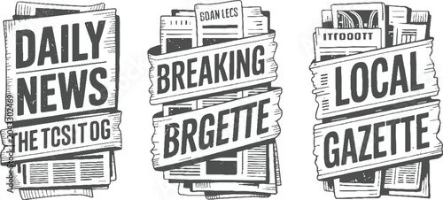 Tableau sur toile Three vintage newspaper stacks with bold text daily news breaking gazette
