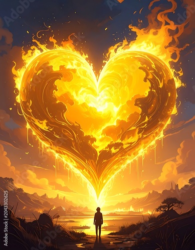 Person looking at burning heart sunset.