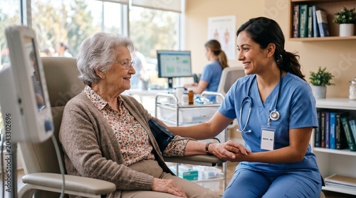 Compassionate female nurse taking an elderly patient's blood pressure during a routine medical check-up in a modern clinic, highlighting professional healthcare and elder care
