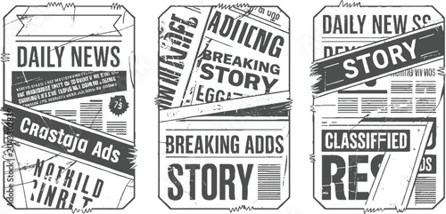 Three distressed newspaper headlines in grayscale with torn edges and grunge textures breaking story