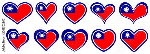Collections Taiwan flag heart shaped icon set. Taiwan flag love symbol. Romantic Taiwan flag badge emblem design vector illustration
