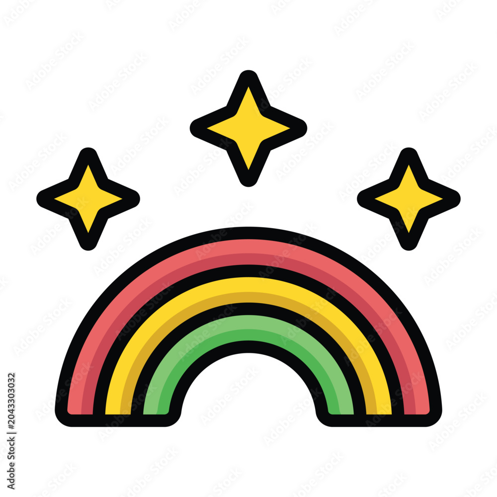 Fototapeta premium Colorful rainbow flat color outline style symbol with decorative stars. Suitable for weather, happiness, fantasy, nature, celebration, and cheerful themed designs on isolated background.