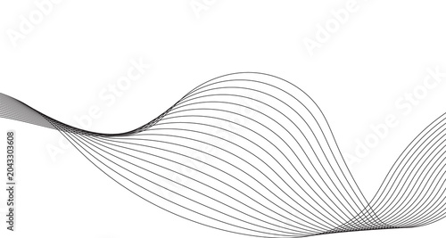 Minimalist abstract wave background with flowing black lines. Elegant curved line art on white backdrop. Modern geometric ribbon pattern for corporate branding and digital presentation design.