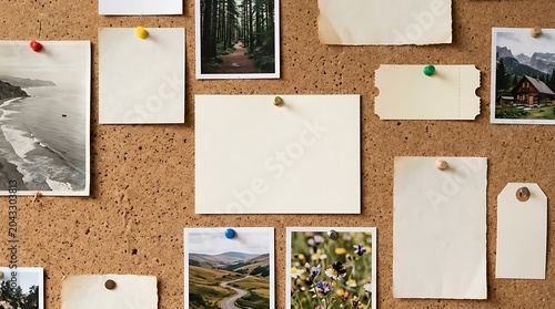 Vision board on corkboard with nature photos and blank notes
