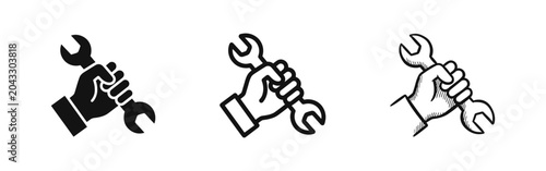 Hand holding wrench icon set for repair and maintenance