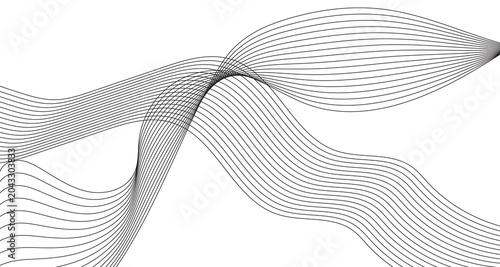 Minimalist abstract wave background with flowing black lines, elegant curved linear pattern on white, modern geometric ribbon design for corporate branding and digital presentations