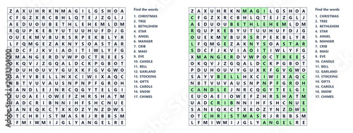 Christmas word puzzle with highlighted answers on grid layout  
