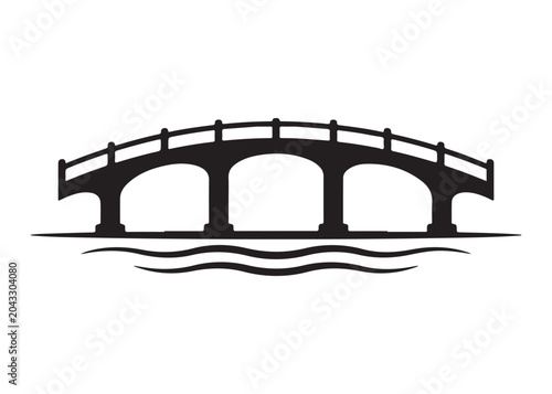 bridge over  water waves logo silhouette vector, archway bridge silhouette vector illustration, footbridge silhouette vector, pedestrian bridge logo vector silhouette on white background.