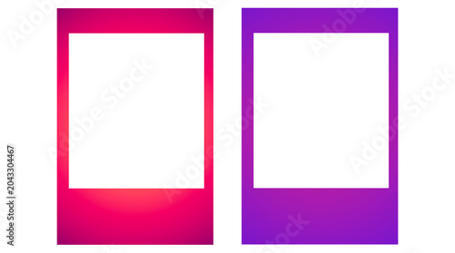 3D render of colorful Polaroid mockup photo frames with gradient borders in red‑pink and blue‑purple, isolated on transparent background, modern mockup design for photography, branding and digital art