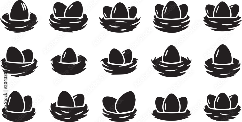 Fototapeta premium Bird Nest with Eggs Icon Set: Flat Vector Silhouette Graphic