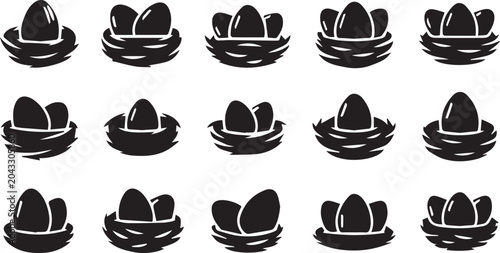 Bird Nest with Eggs Icon Set: Flat Vector Silhouette Graphic