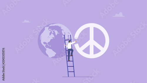 Tableau sur toile Young man climb up earth to paint the peace symbol
