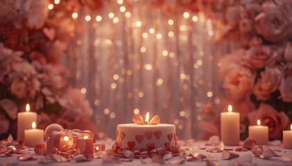 Elegant Mother’s Day Celebration Background with Cake, Candles and Floral Bokeh Lights

