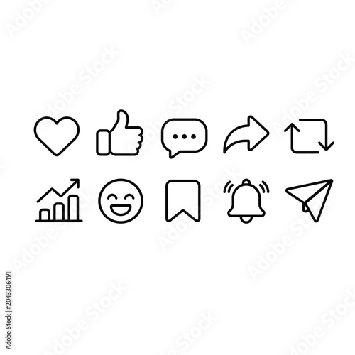 Social Media Engagement and User Interaction Outline Icon Set Vector