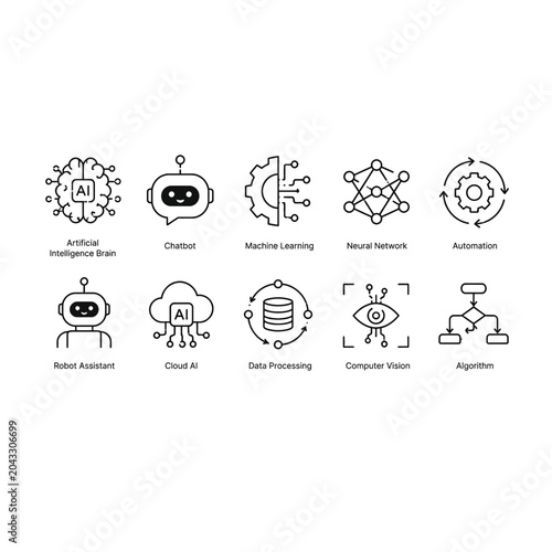 Artificial Intelligence and Machine Learning Line Icon Set Vector Collection