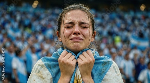 Woman holding national flag at emotional sports event in stadium crowd