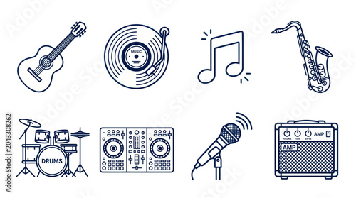 Foto Music Icons: Guitar, Vinyl, Saxophone, Drums, DJ Deck, Mic, Amp