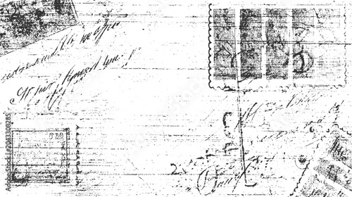 Textured grunge background of old handwritten letters and postage stamps with visible ink marks and paper grain