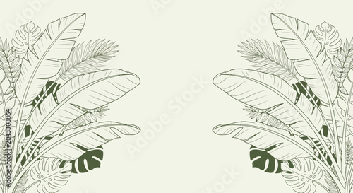 Tropical Jungle Leaves Border, Exotic Botanical Illustration, Greenery Background