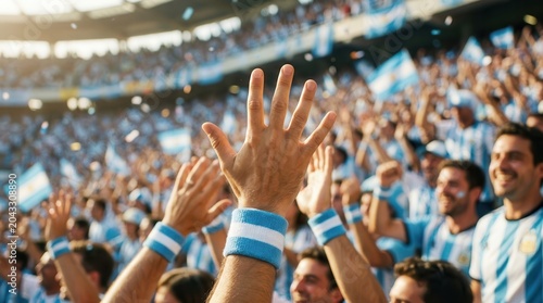 Excited Crowd Cheering with Hands Raised in a Stadium During a Sporting Event