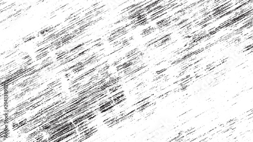Black diagonal distressed lines and speckles on a white background abstract texture
