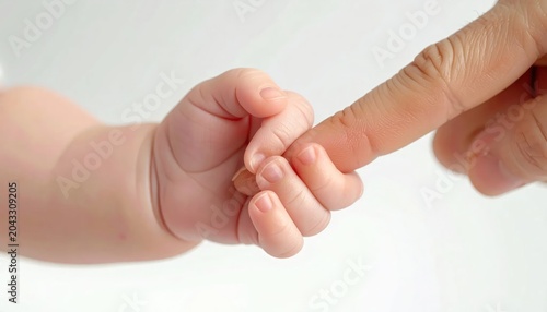 Close-up of a babys hand holding an adults finger, symbolizing connection and love.