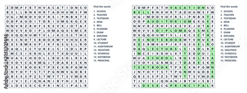 Word search with answer key related to education and learning  