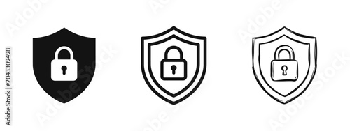 Fotografie Security Shield and Padlock Icon Set in Solid, Outline, and Sketch Styles