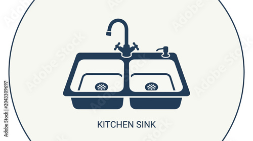 Modern Kitchen Sink with Double Basins and Faucet Illustration.