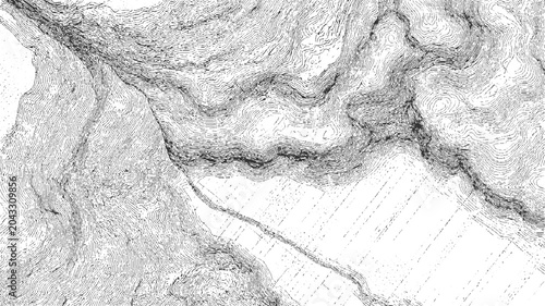 Detailed black and white contour map showing topographical lines of rolling hills and valleys with a winding path or river