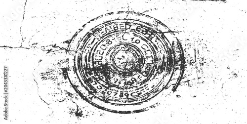 Tableau sur toile Distressed circular stamp with embossed text and cracks on textured white backgr