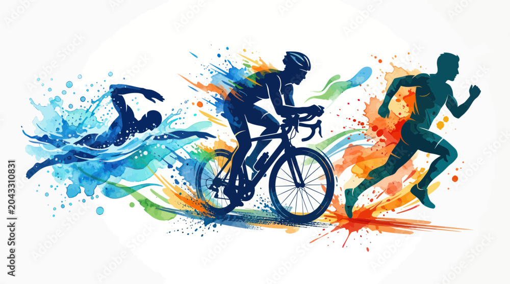 Obraz premium Triathlon Athletes: Swim, Bike, Run - Dynamic Watercolor Splash Art