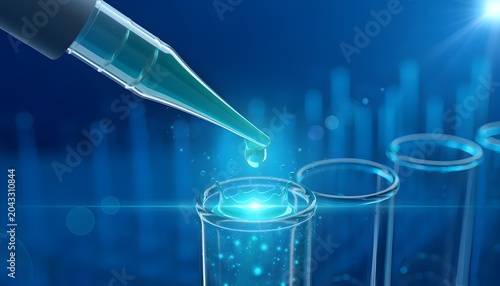 Futuristic laboratory concept with pipette dropping blue liquid into a glass test tube