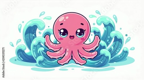 A cute pink octopus character splashing in blue water.