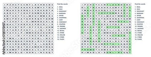 Solved word find puzzle with highlighted words on white background  