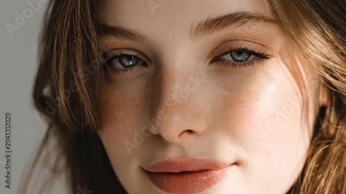 Close-up portrait of a young woman with natural freckles and grey eyes, glowing skin and soft natural lighting.