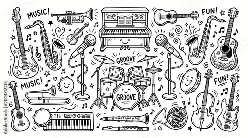 Foto Doodle Music Instruments and Fun Symbols - Hand Drawn Vector Illustration