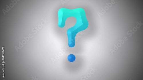 Seamlessly looping animation of a 3D blue jelly question mark symbol on a grey background